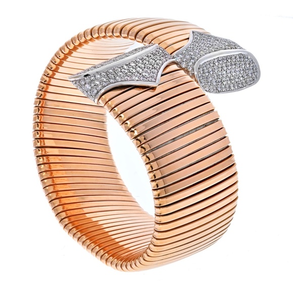 Diamond Two-Tone Crossover Bangle Bracelet - Nuha Jewelers 18K Two Tone Crossover Wide Diamond Accented Wrap Bracelet